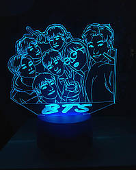 3d-світильник BTS БТС, 3д-нічник, кілька підсвіток (на батарейці)