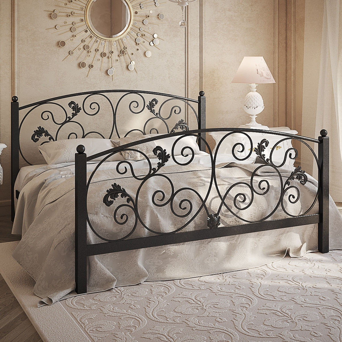 Металеве двоспальне ліжко з узголів'ям та підніжжям прикрашеним вишуканим орнаментом Магнолія Тенеро, фото 1