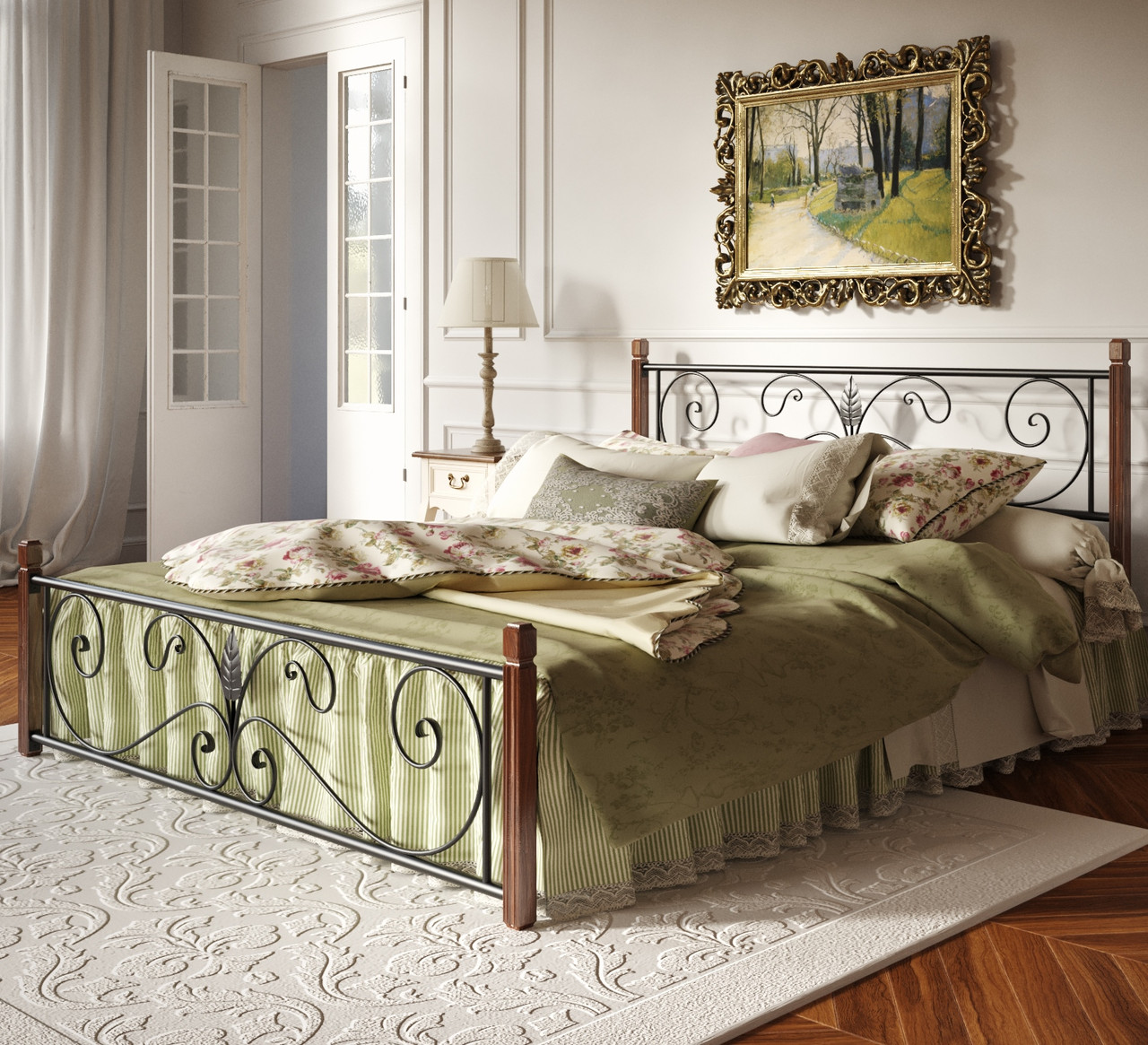 Металеве ліжко Крокус на дерев'яних ногах Тенеро, ліжко металеве двоспальне, фото 1