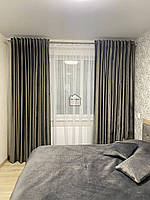Комплект штор Велюрові з оксамитовим відтінком кольору "мокрий асфальт" на вікна в спальню, зал №36, 2шт/2м