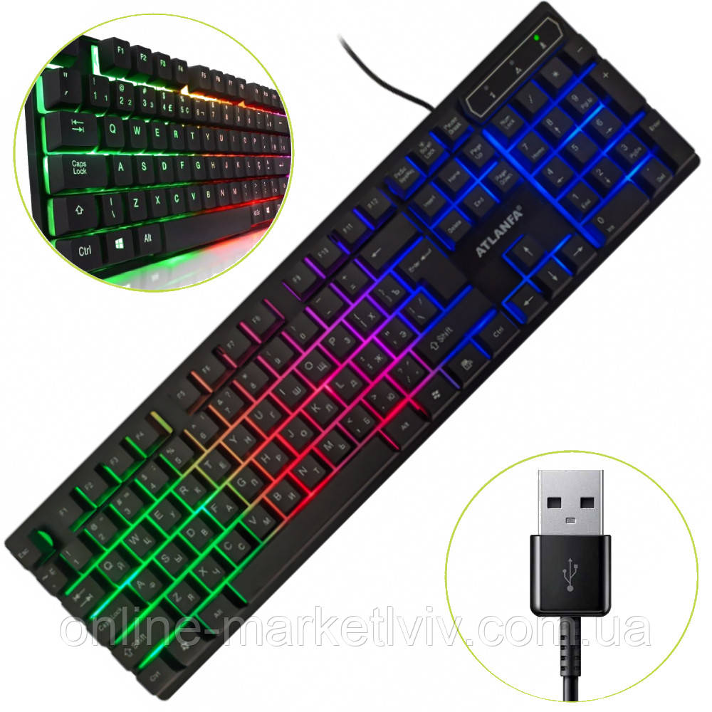 Ігрова клавіатура AT-6300, з RGB та USB / Геймерська провідна клавіатура з підсвічуванням для комп'ютера
