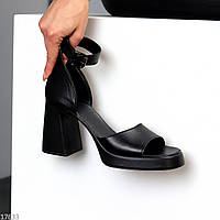 Шикарные кожаные черные женские закрытые босоножки на высоком устойчивом каблуке