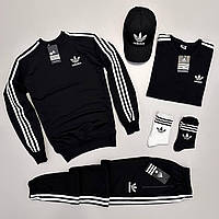 Мужской спортивный костюм Adidas 5в1 Свитшот + Штаны + Футболка + Кепка без капюшона Адидас черный M (Bon)