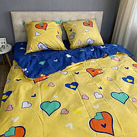 Комплект постельного белья Бязь голд люкс Желтый снаружи Синий внутри с сердцами Полуторный размер 150х220