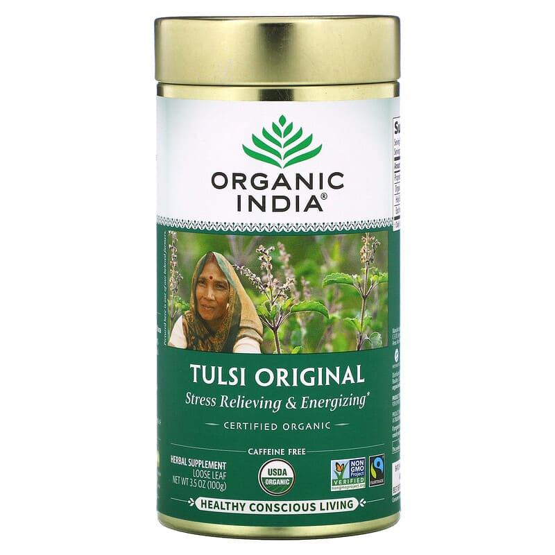 Organic India, Листовий чай тулсі, священний базилік, оригінальний смак, без кофеїну, 100 г