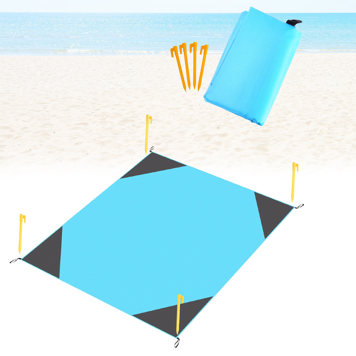 Килимок для пляжу Синій 180х145см непромокає покривало для пляжу, підстилка на пляж з кілочками