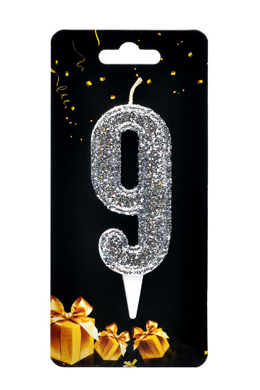 Свічка-цифра срібло магічне "9", Цифрова свічка для торта, Декоративна свічка срібляста