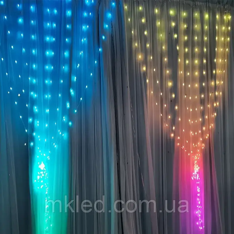 SMART Curtain Гірлянда штора 3*3м 300 led 7кольорів + RGB  пульт д/у