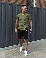 Мужской летний спортивный костюм Adidas цвета хаки хлопковый , Летний комплект хаки Адидас Футболка + Шорты