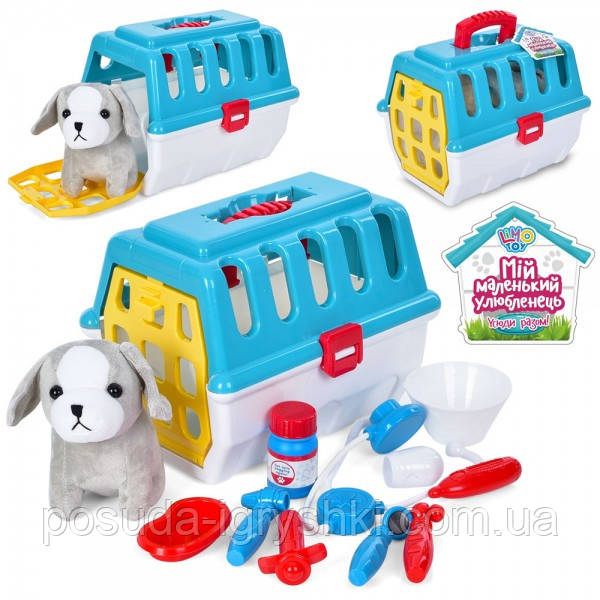 Собака 231-1 розміром 15см, м'яконабивна, медичні інструменти, в переносці, 27-21-21см, фото 1