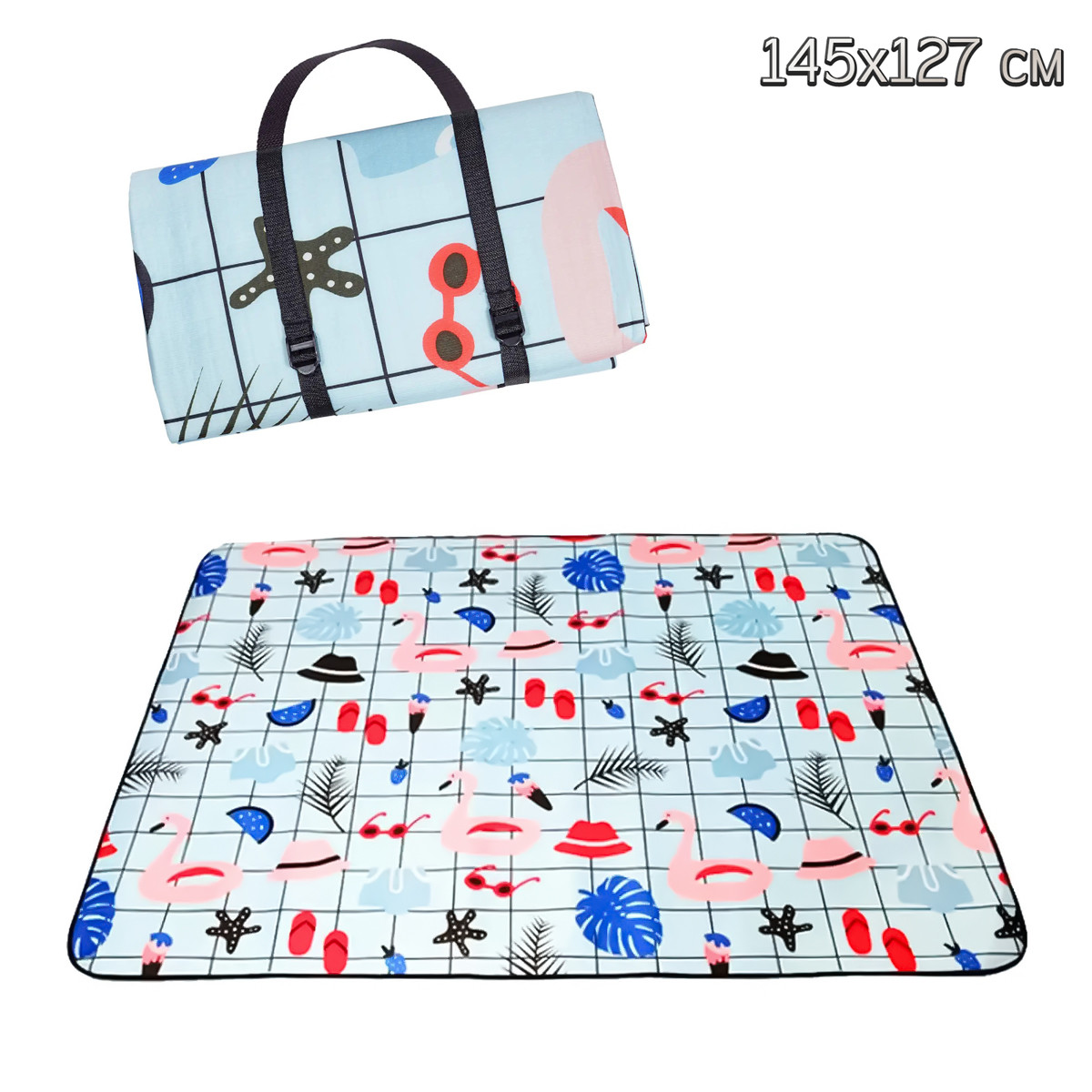 Килимок для пляжу водонепроникний 145х127см (Синій з малюнком) покривало для пікніка, підстилка
