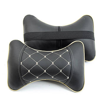 Подушка на підголівник 2 шт. екошкіра чорна перфорація бежевий ромб