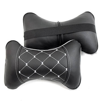 Подушка на підголівник 2 шт. екошкіра чорна перфорація сірий ромб