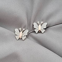 Срібні сережки метелики, пусети зі срібла із золотими вставками