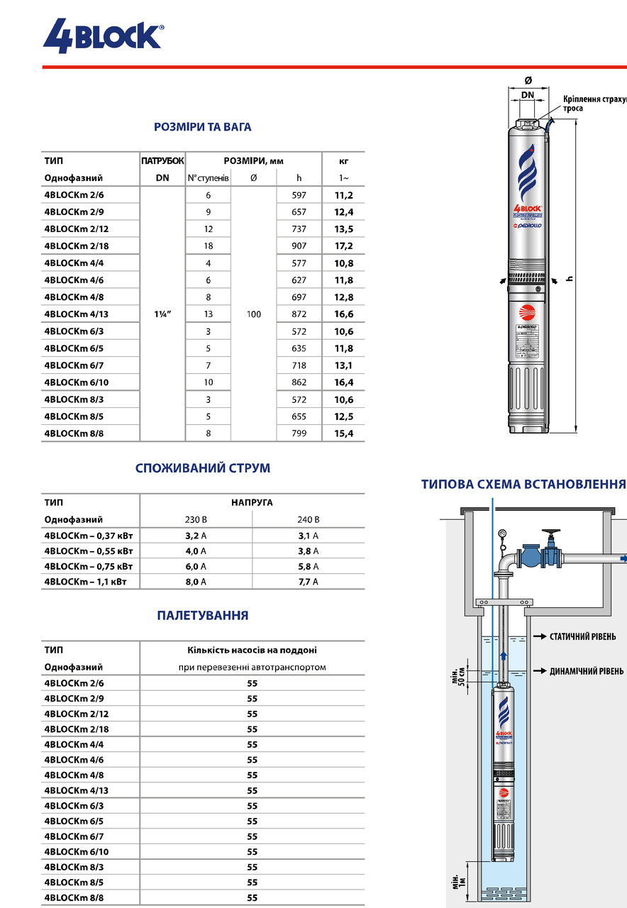Pedrollo 4BLOCKm 4/4 Насос глубинный для скважины - фото 6 - id-p1842884578