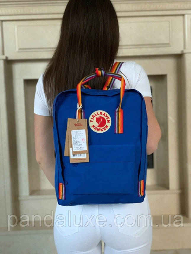 Рюкзак стильний канкен Fjallraven Kanken Rainbow 16л синій з різнокольоровими (райдужними) ручками, фото 1