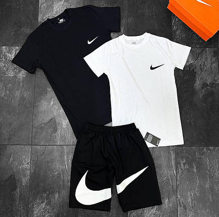 Літній чоловічий спортивний костюм 2 футболки + шорти Nike White Black Чоловічий комплект Big swoosh шорти, фото 1