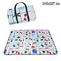 Килимок для пляжу водонепроникний 145х127см (Синій з малюнком) покривало для пікніка, підстилка