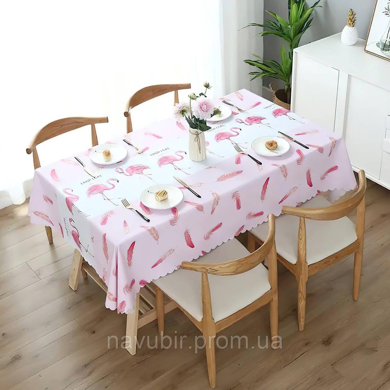 Водоотталкивающая скатерть на стол 144х184см "Tropical" Розовая, непромокаемая скатерть для кухни (NV) - фото 4 - id-p1842933969