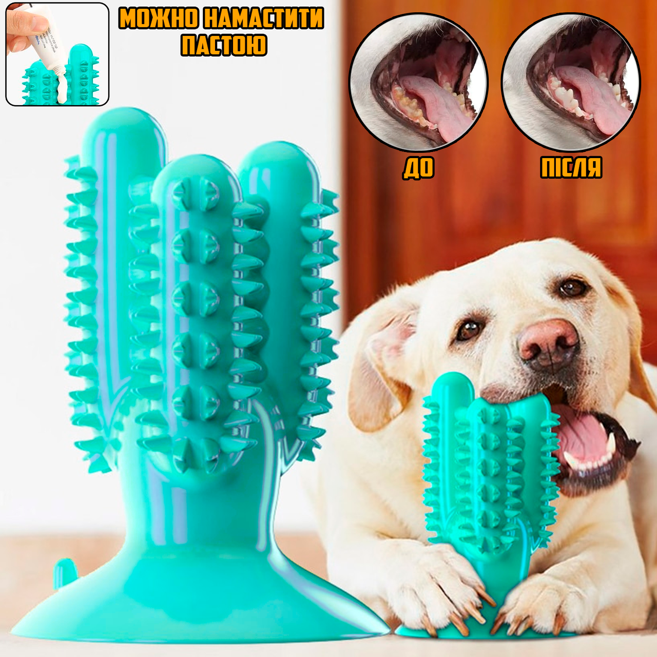 Зубна щітка іграшка для собак Dog Toothbrush-Cactus гумова на присоску для чищення зубів Blue