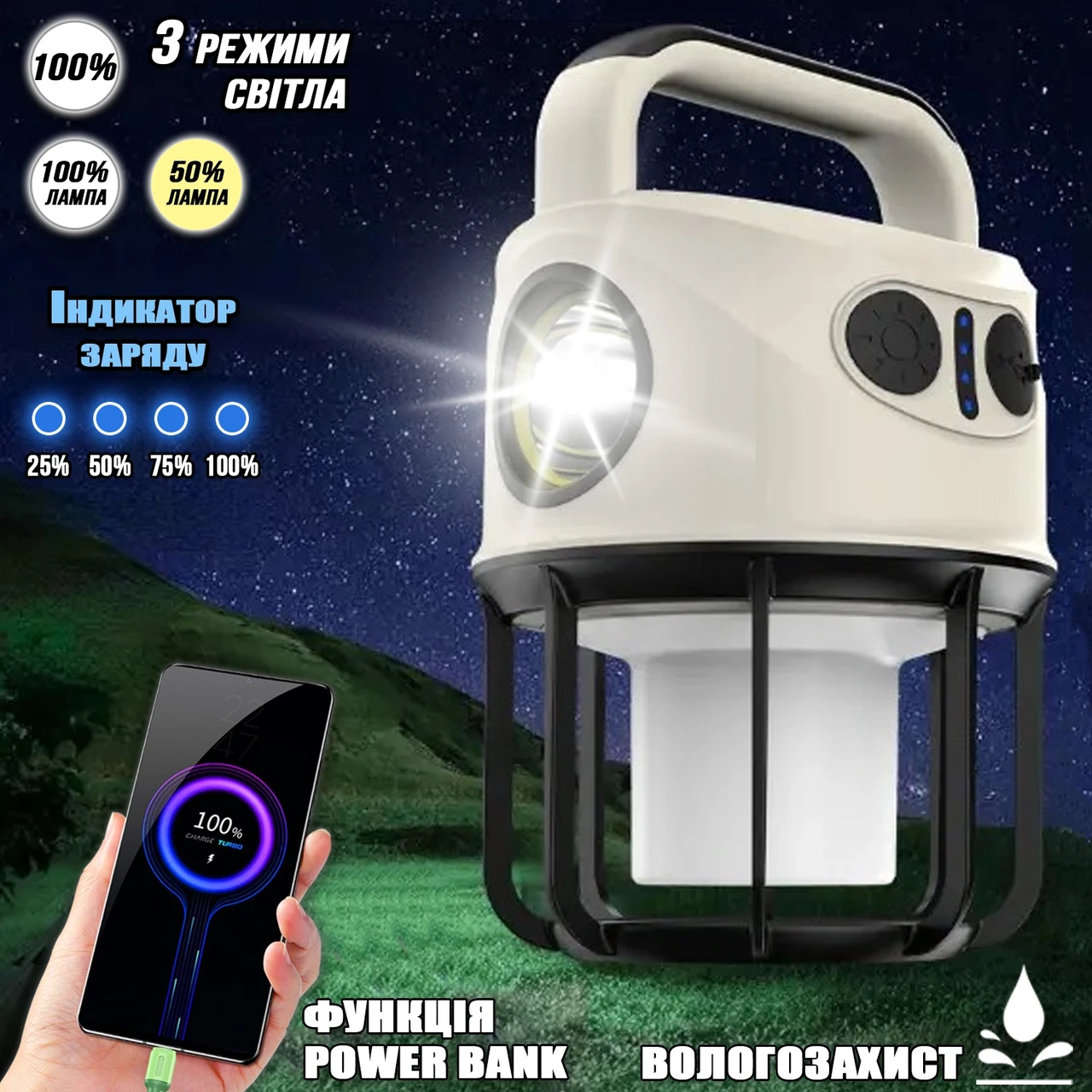 Потужний ліхтар-світильник XBalog 16 LED З функцією PowerBank, 3 режими, індикація заряду, вологозахист
