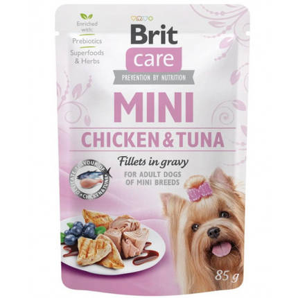 Brit care Adult Mini pouch Chickent & Tuna Вологий корм для дорослих дрібних собак філе в соусі курки 85г, фото 1