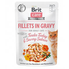 Brit care Cat pouch Вологий корм для кішок, філе індички та лосося в соусі 85г