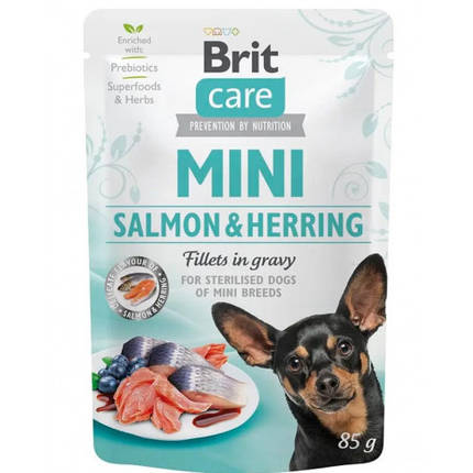 Brit care Adult Mini pouch Salmon & Herring Вологий корм для дорослих дрібних собак, лосось та оселедець 85г, фото 1