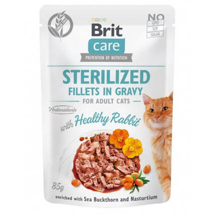 Brit care Cat pouch Adult Sterilised Вологий корм для стерилізованих котів, філе кролика в соусі 85г, фото 1