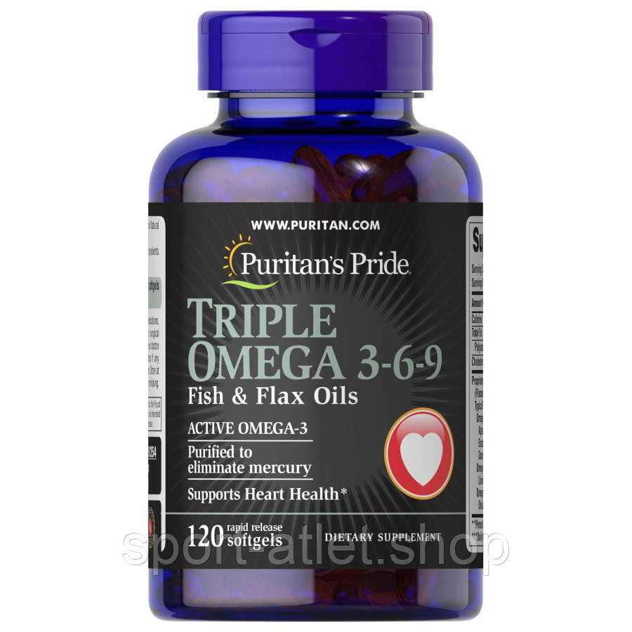 Жирні кислоти Puritan's Pride Triple Omega 3-6-9 Fish, Flax Oils, 120 капсул, фото 1