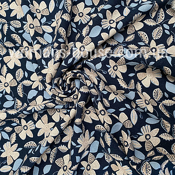 Тканина Льон натуральний (Льняна тканина) принт Квіти на темно-синьому