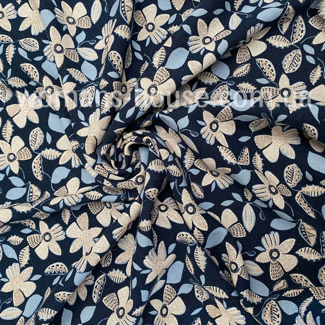 Ткань Лён натуральный (Льняная ткань) принт Цветы на темно синем - фото 1 - id-p1842974264