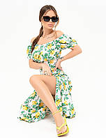Стильное принтованное женское платье на лето летнее платье с разрезом натуральное платье в цветы