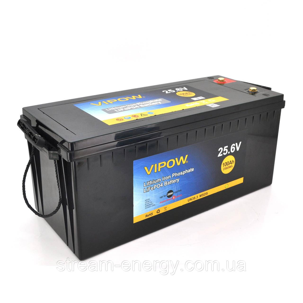 Акумуляторна батарея Vipow LiFePO4 25,6V 100Ah з вбудованою ВМS платою 80A (530*215*205), фото 1