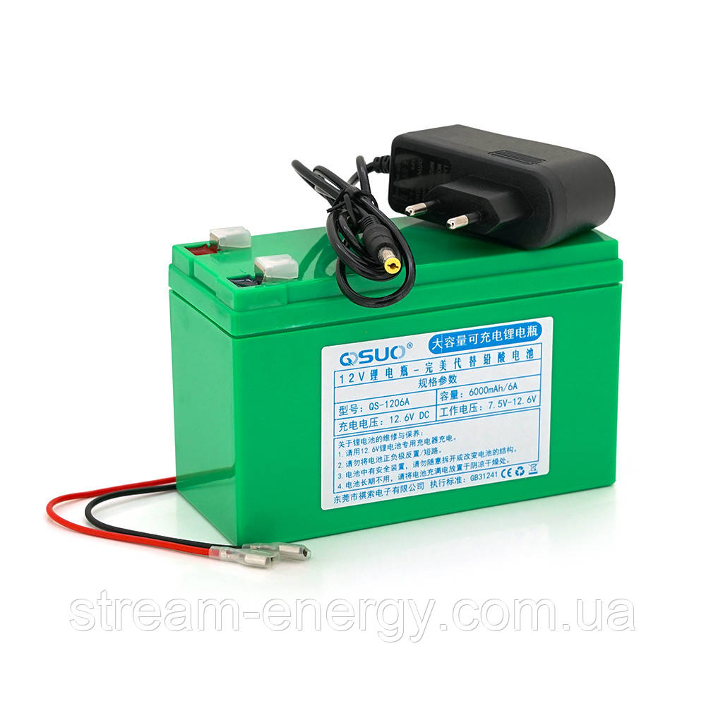 Акумуляторна батарея літіева 12 V 6A с елементами Li-ion 18650  (150X65X94)  вага 605 грамм+ зарядний пристрій 12,6V 1A