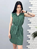 Льняное платье-рубашка с поясом без рукавов "Journey" зеленое