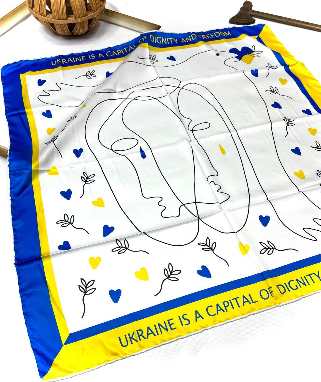 Хустка шовкова біла з жовто-синім патріотична Україна 07