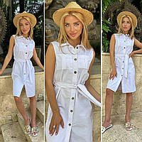 Белое льняное летнее платье-рубашка до колен на пуговицах с поясом без рукавов "Journey" 46/48