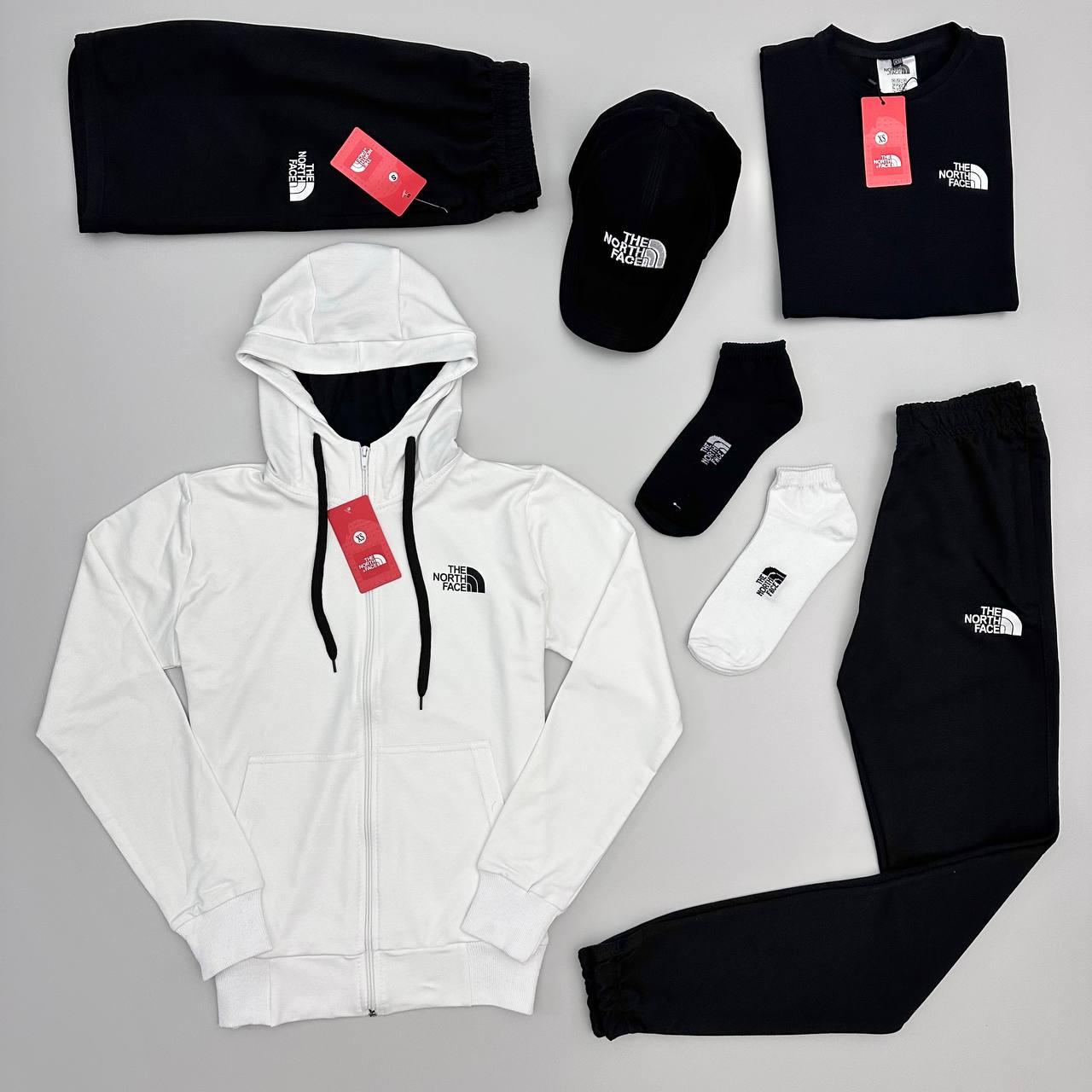 Чоловічий спортивний костюм The North Face 7в1 Кофта + Штани + Футболка + Шорти + Кепка чорно-білий