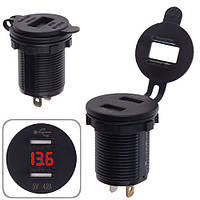 Автомобильное зарядное устройство 2 USB 5V2.1A 5V2.1A 12-24V врезное в планку + вольтметр (10253 USB-12-24V