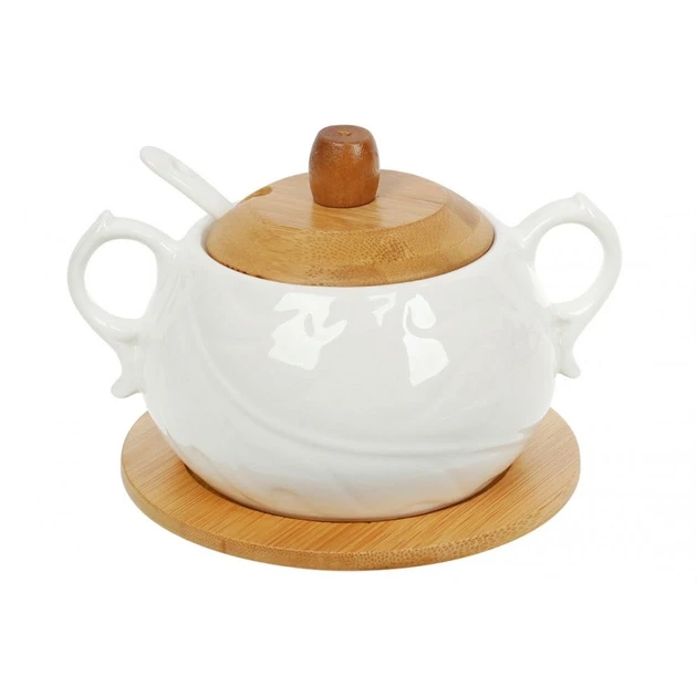 Цукорниця порцелянова 400 мл із ложкою й бамбуковою кришкою, фото 1