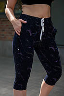 Трикотажні жіночі літні бриджі великих розмірів (р.48-58). Арт-2752/20 темно-сині фіолетовий принт