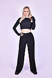 Жіночі спортивні штани-палаццо кліш від стегна із трикотажу рубчик, чорні, фото 2