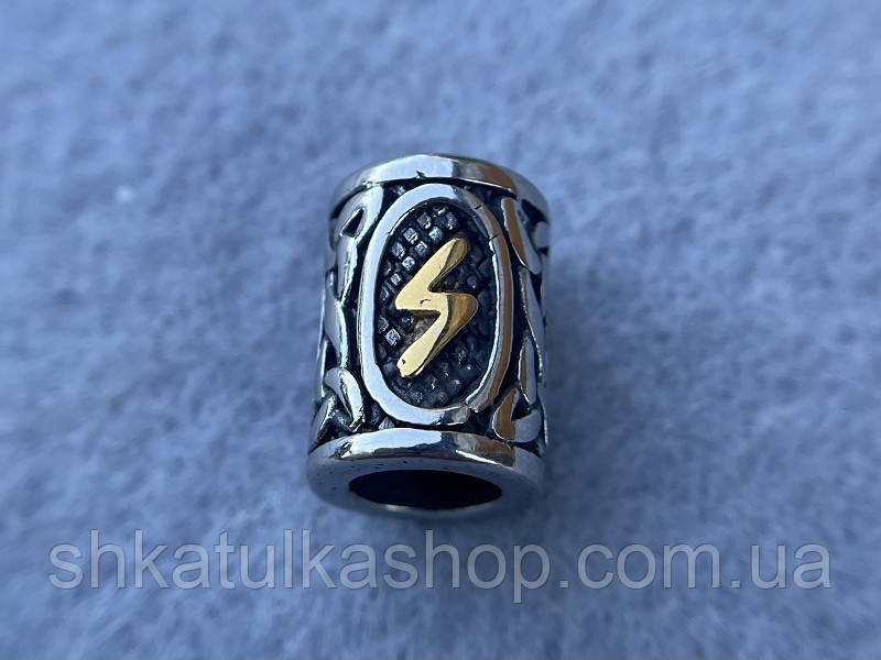 Намистина-Руна Соулу з золотом 13*10мм d=6мм, нержавіюча сталь, фото 1