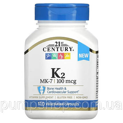 Вітамін K2 (у вигляді менахінон-7) 21 century Vitamin K-2 100 мкг 110 капс., фото 2