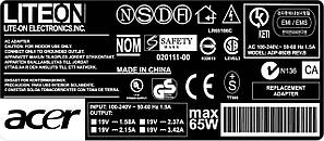 Наліпка до Блоку Живлення NoName Acer 65w 19v (1.58a; 2.15a; 2.37a; 3.42a) |87mm*37mm| (NoName (B))