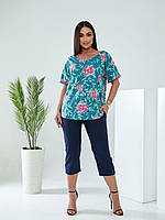 Стильний жіночий батальний літній костюм-двійка: туніка + бриджі (р.50-58). Арт-2757/20 бірюзовий