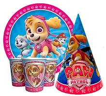 Набір посуду "Щенячий  патруль Скай". Тарілки (18см) -10шт. Скляночки (250 мл)- 10 шт. Ковпачки (16см) -10 шт