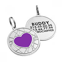Адресник для собак с гравировкой круглый медальон жетон паутинка Сердечко фиолетовый