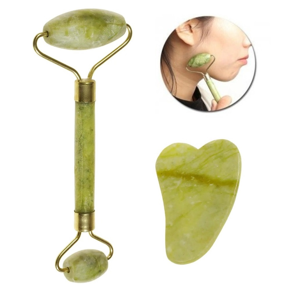 Нефритовий масажер для обличчя, Ролик + скребок Гуаша / Масажер роликовий для підтяжки шкіри, фото 1